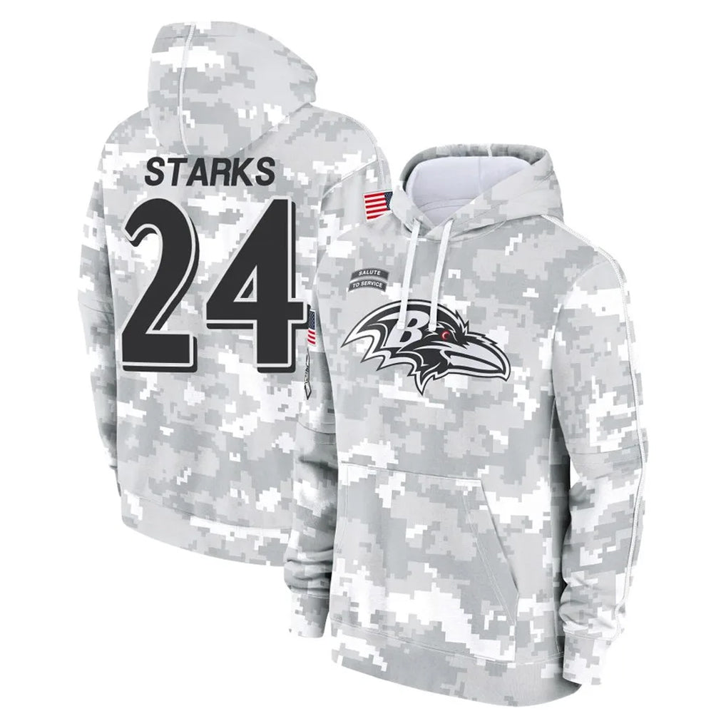 Ncoe B.Ravens #24 Malaki Starks Player Arctic Camo Salute to Service Pullover Hoodie Stitched Jerseys