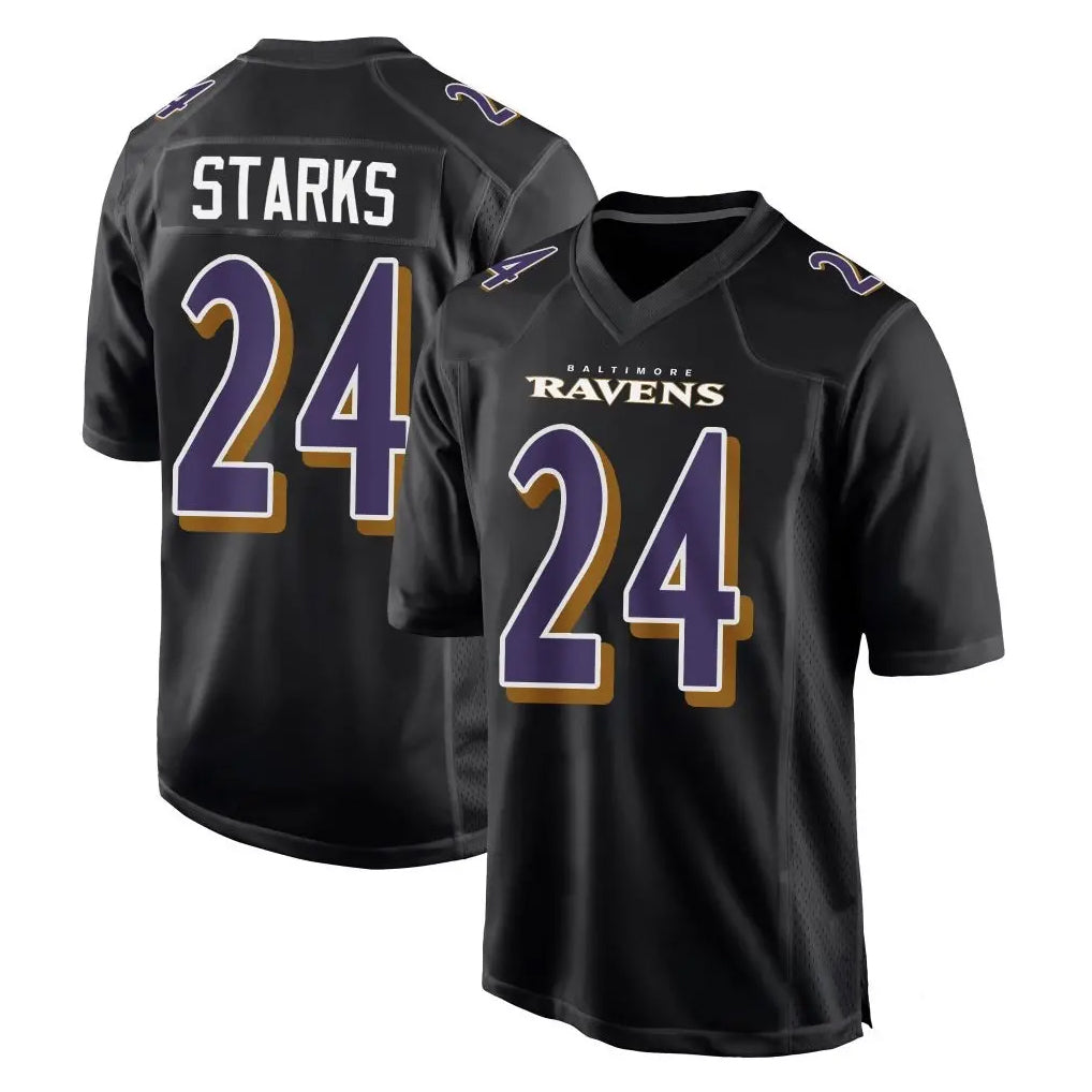Ncoe B.Ravens #24 Malaki Starks Player Black Carbon Fashion Home Game Stitched Jerseys