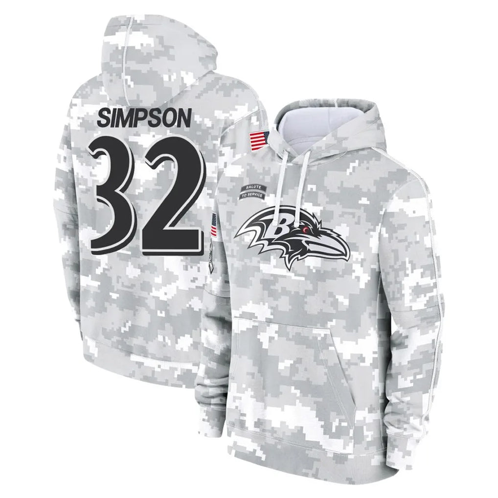 Ncoe B.Ravens #32 Trenton Simpson Player Arctic Camo Salute to Service Pullover Hoodie Stitched Jerseys