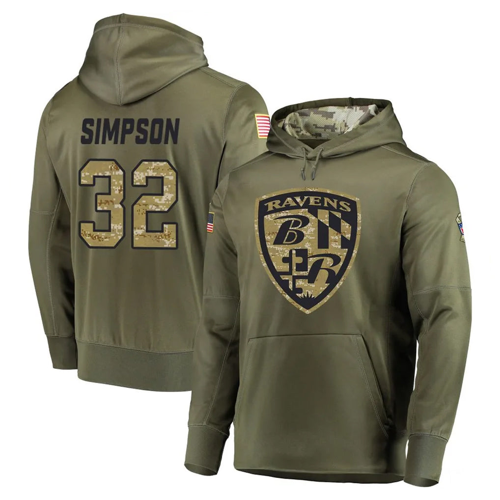 Ncoe B.Ravens #32 Trenton Simpson Player Olive Salute to Service Pullover Hoodie Stitched Jerseys