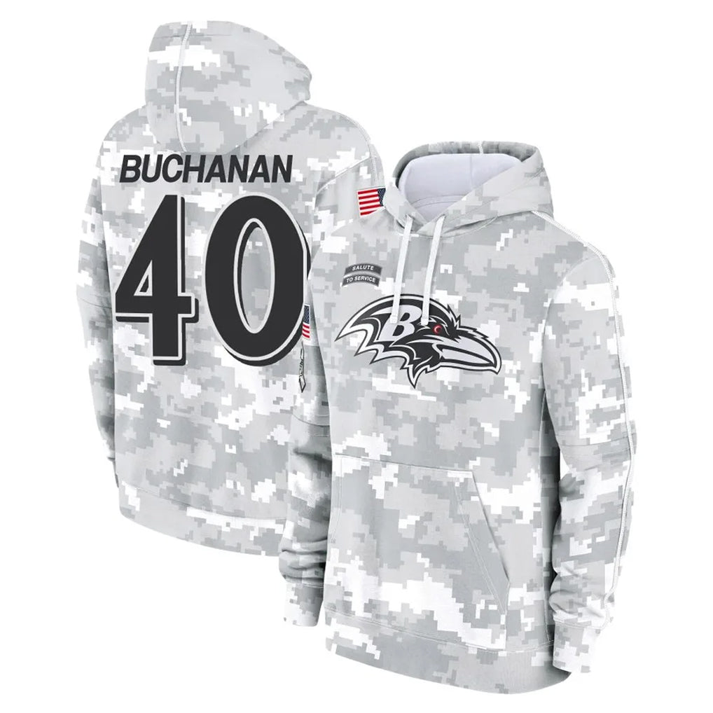 Ncoe B.Ravens #40 Teddye Buchanan Player Arctic Camo Salute to Service Pullover Hoodie Stitched Jerseys