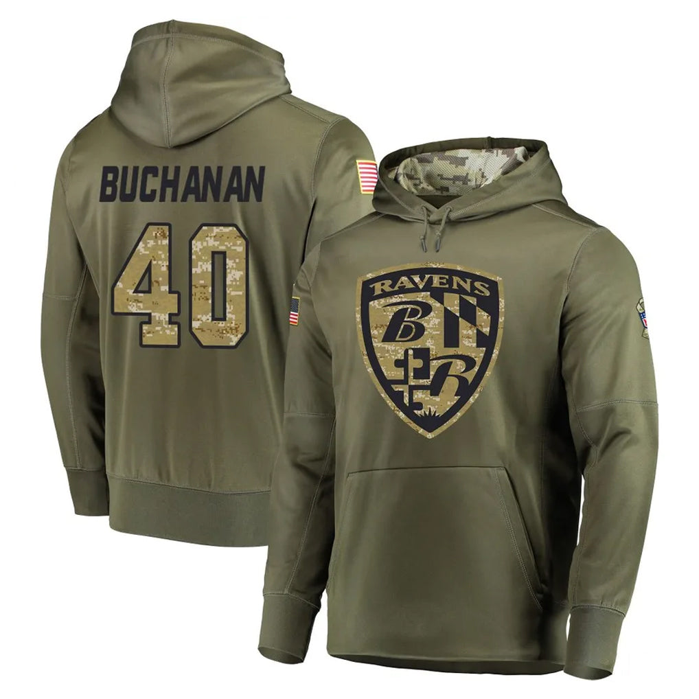 Ncoe B.Ravens #40 Teddye Buchanan Player Olive Salute to Service Pullover Hoodie Stitched Jerseys