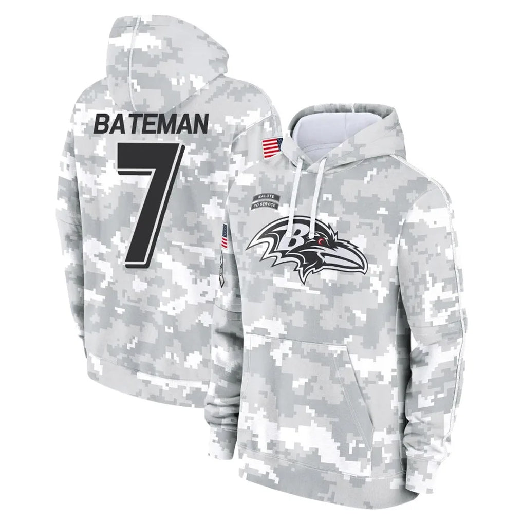 Ncoe B.Ravens #7 Rashod Bateman Player Arctic Camo Salute to Service Pullover Hoodie Stitched Jerseys