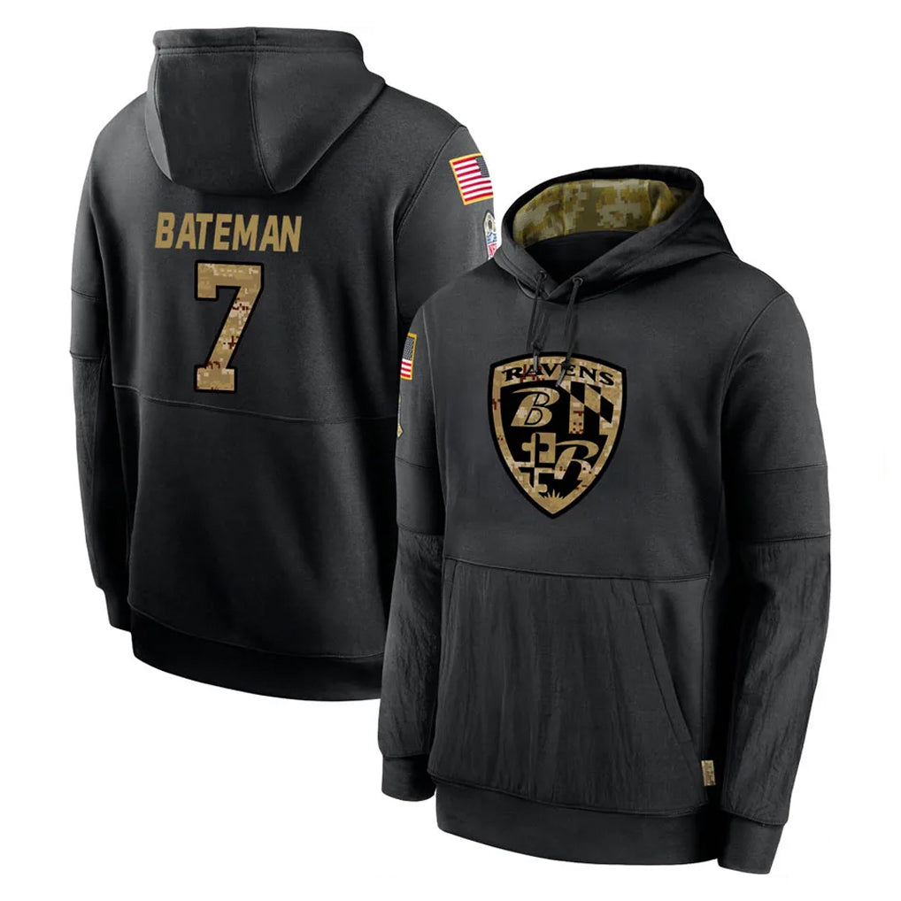Ncoe B.Ravens #7 Rashod Bateman Player Black Salute to Service Pullover Hoodie Stitched Jerseys