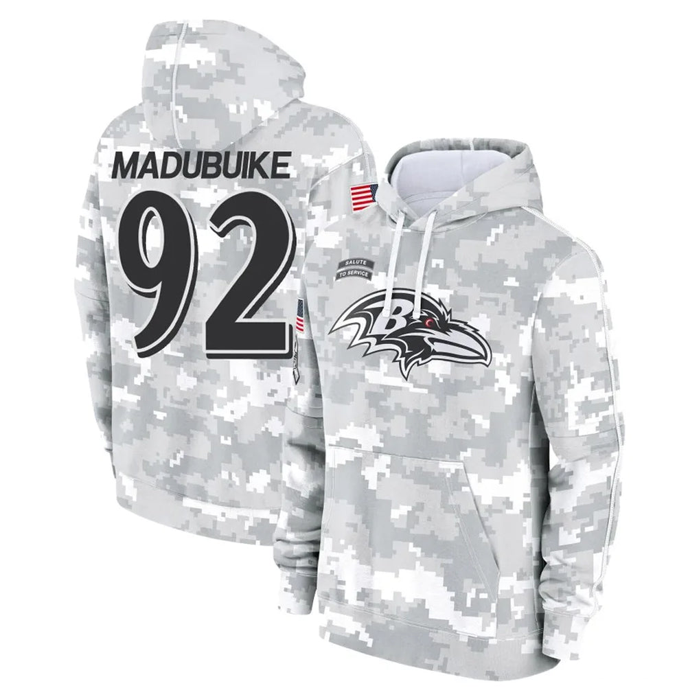 Ncoe B.Ravens #92 Nnamdi Madubuike Player Arctic Camo Salute to Service Pullover Hoodie Stitched Jerseys
