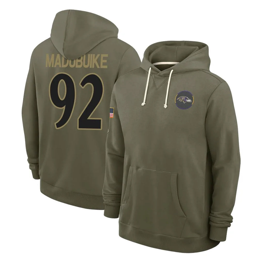Ncoe B.Ravens #92 Nnamdi Madubuike Player Olive Salute to Service Hoodie Stitched Jerseys