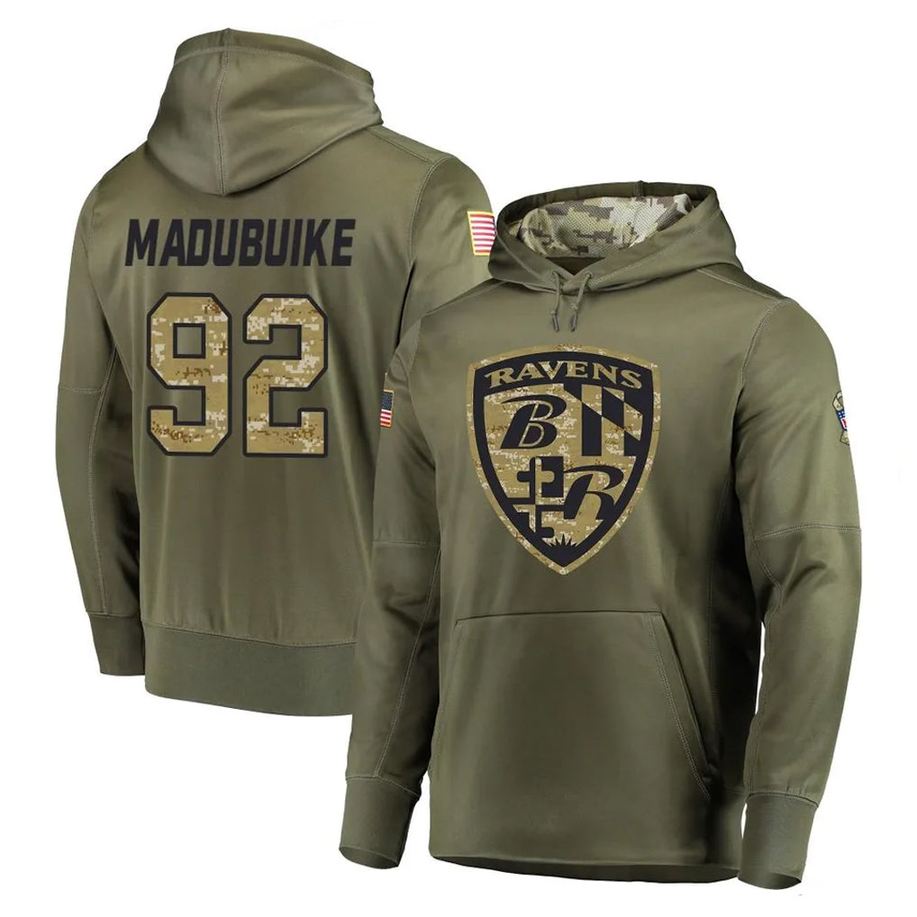 Ncoe B.Ravens #92 Nnamdi Madubuike Player Olive Salute to Service Pullover Hoodie Stitched Jerseys