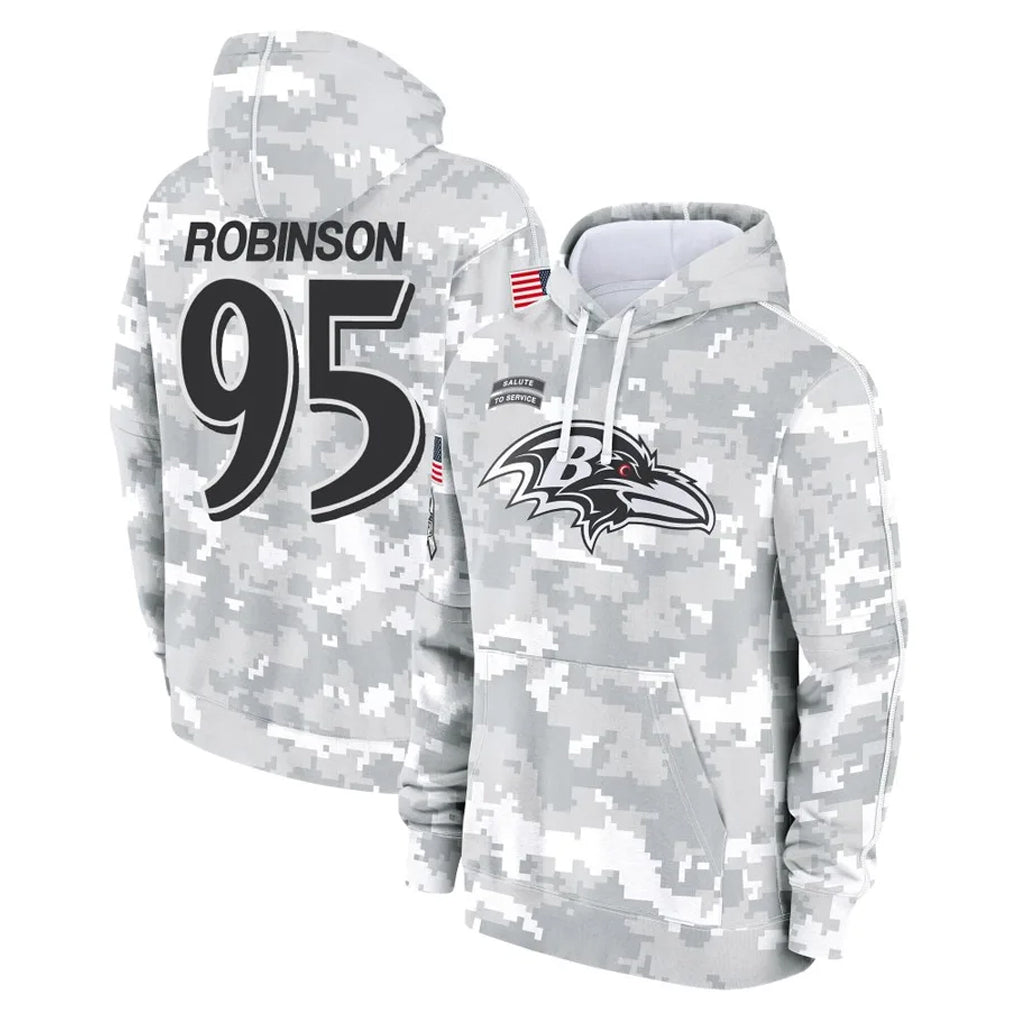 Ncoe B.Ravens #95 Tavius Robinson Player Arctic Camo Salute to Service Pullover Hoodie Stitched Jerseys