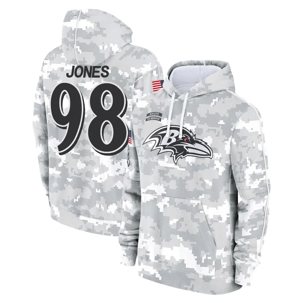 Ncoe B.Ravens #98 Travis Jones Player Arctic Camo Salute to Service Pullover Hoodie Stitched Jerseys