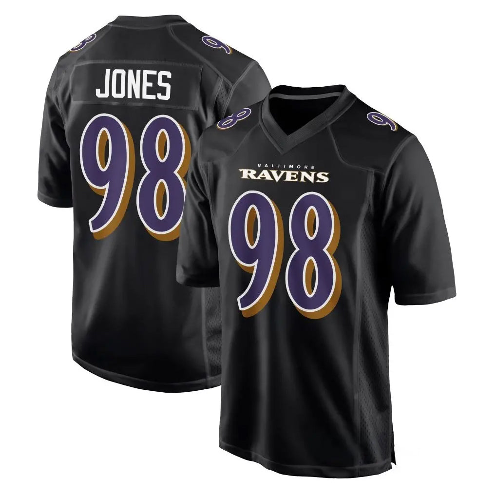Ncoe B.Ravens #98 Travis Jones Player Black Carbon Fashion Home Game Stitched Jerseys