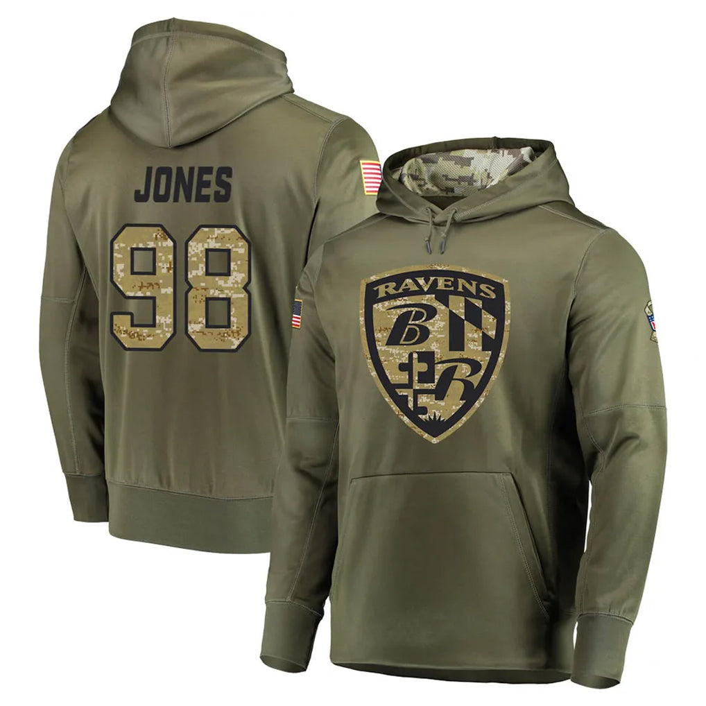 Ncoe B.Ravens #98 Travis Jones Player Olive Salute to Service Pullover Hoodie Stitched Jerseys