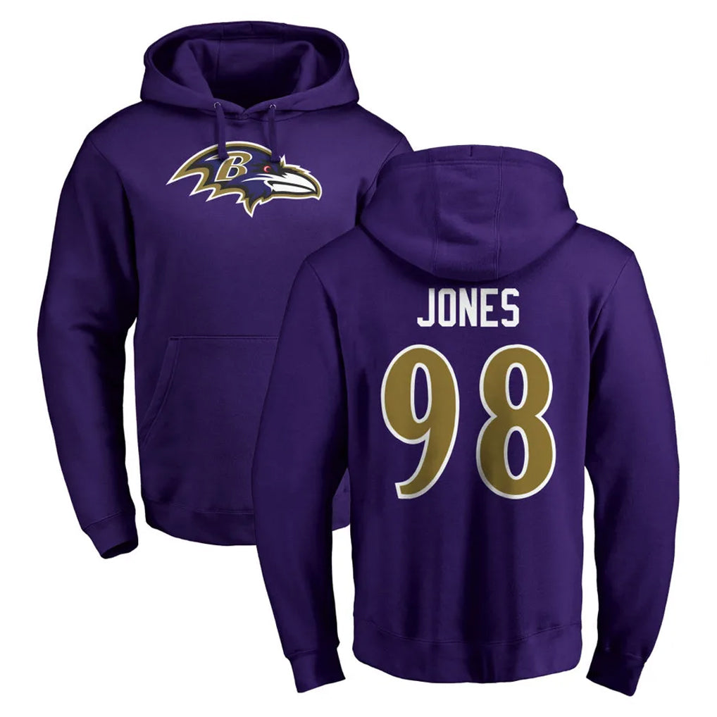 Ncoe B.Ravens #98 Travis Jones Player Purple Salute to Service Pullover Hoodie Stitched Jerseys