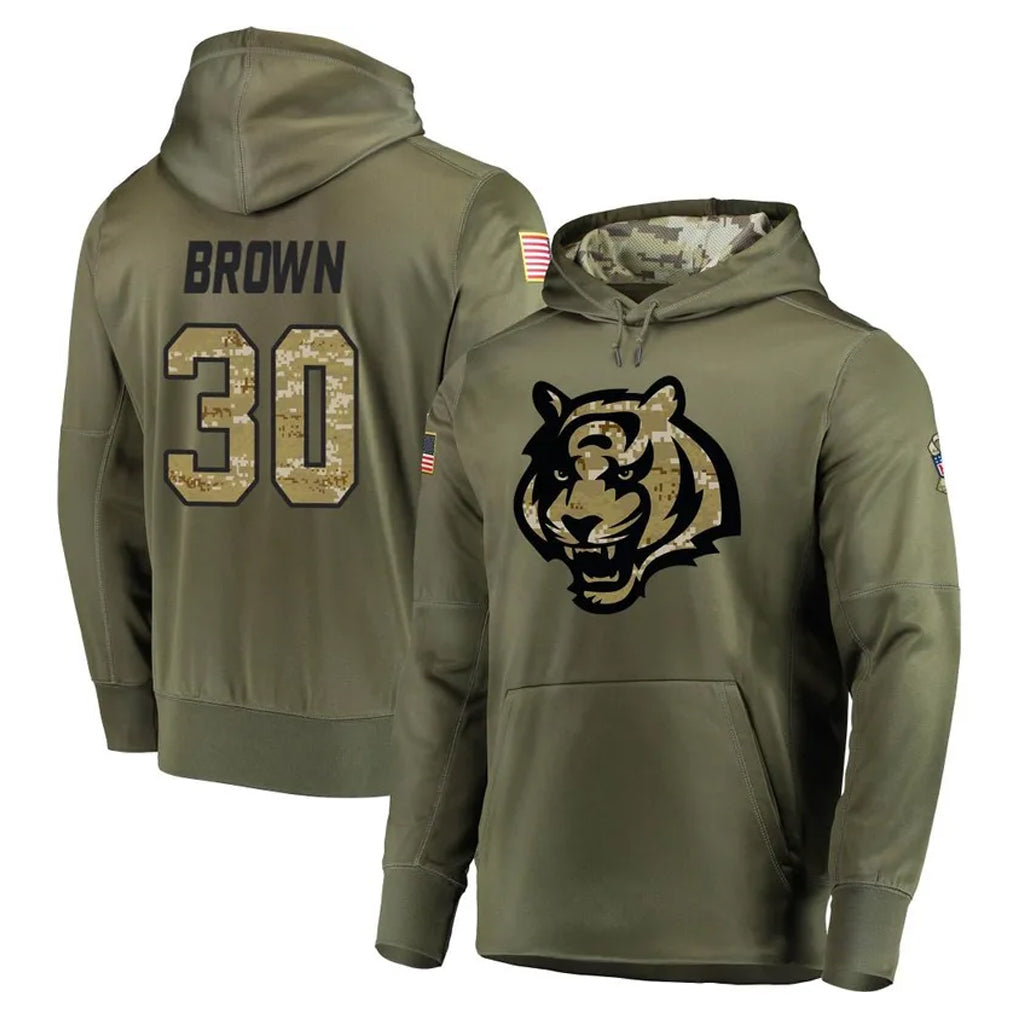 Ncoe C.Bengals #30 Chase Brown Player Olive Salute to Service Pullover Hoodies Home Game Stitched Jerseys