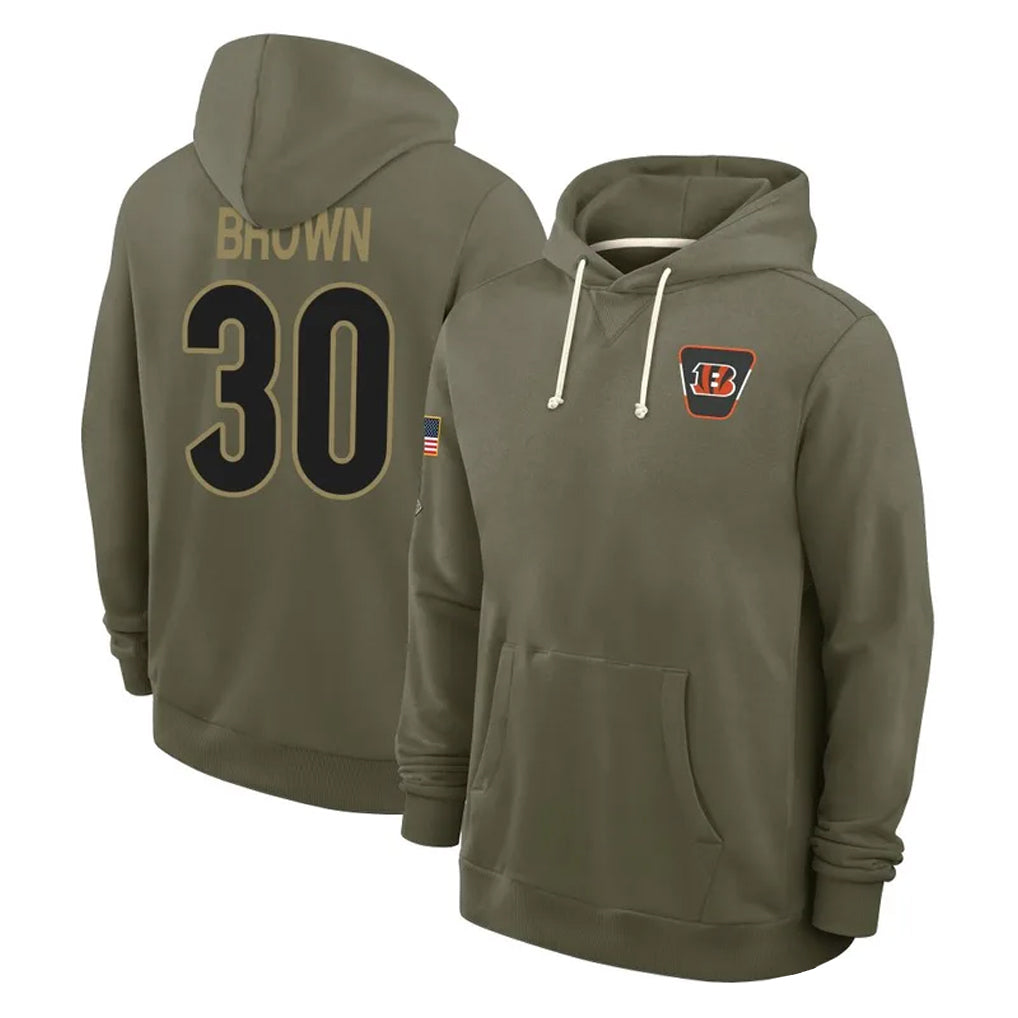 Ncoe C.Bengals #30 Chase Brown Player Olive Salute to Service Pullover Hoodies Limited Stitched Jerseys