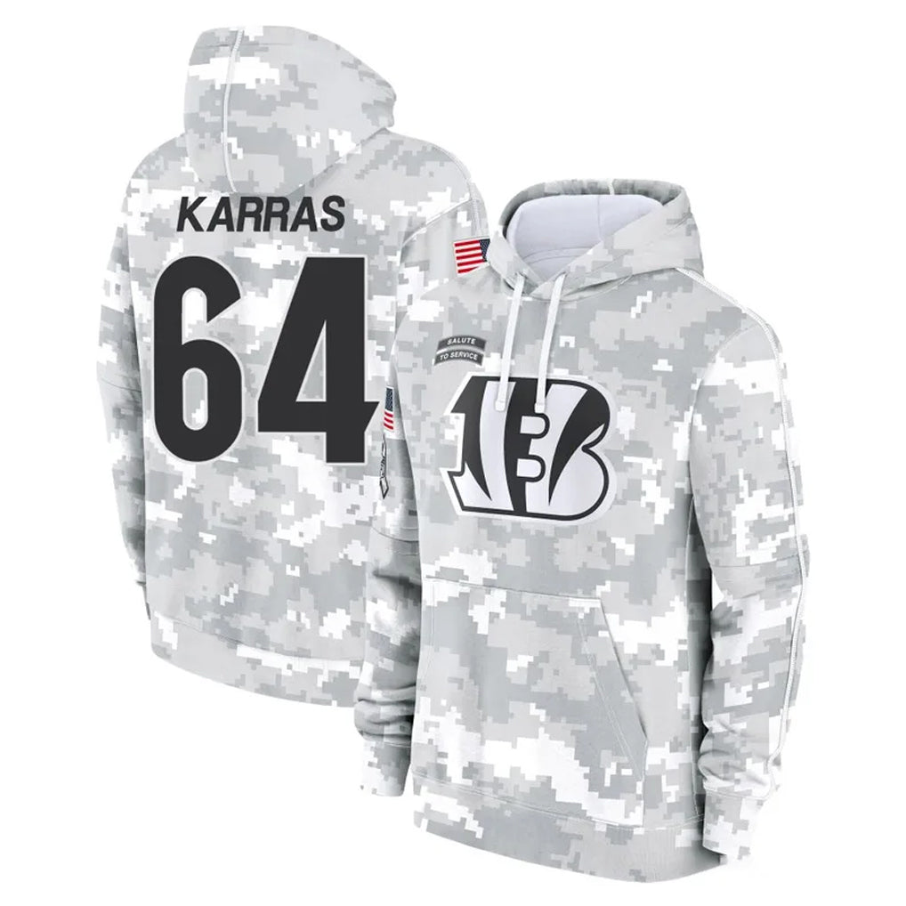 Ncoe C.Bengals #64 Ted Karras Player Arctic Camo Salute to Service Pullover Hoodie Limited Stitched Jerseys
