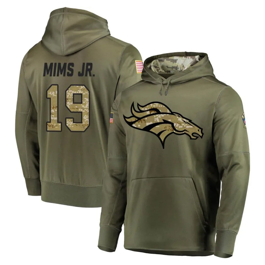 Ncoe D.Broncos #19 Marvin Mims Jr. Player Olive Salute to Service Pullover Hoodies Home Game Stitched Jerseys
