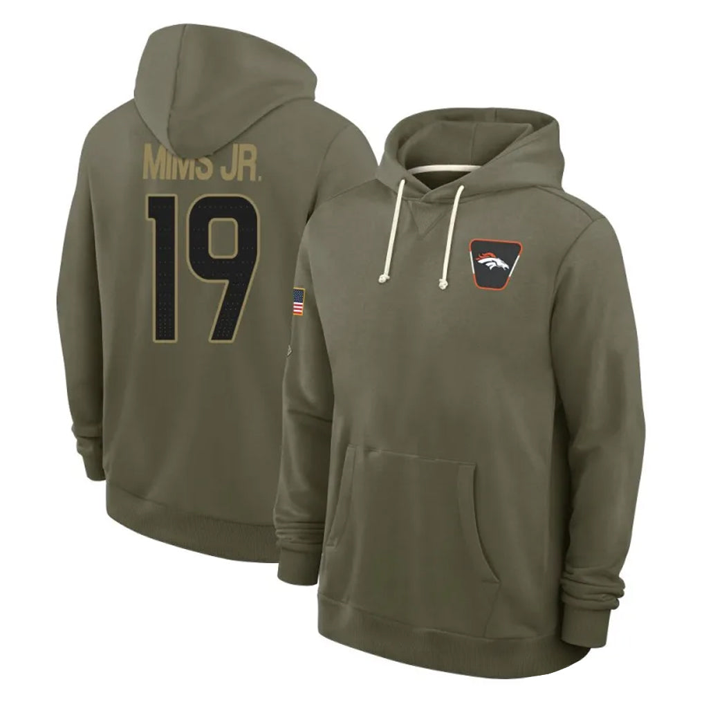 Ncoe D.Broncos #19 Marvin Mims Jr. Player Olive Salute to Service Pullover Hoodies Limited Stitched Jerseys
