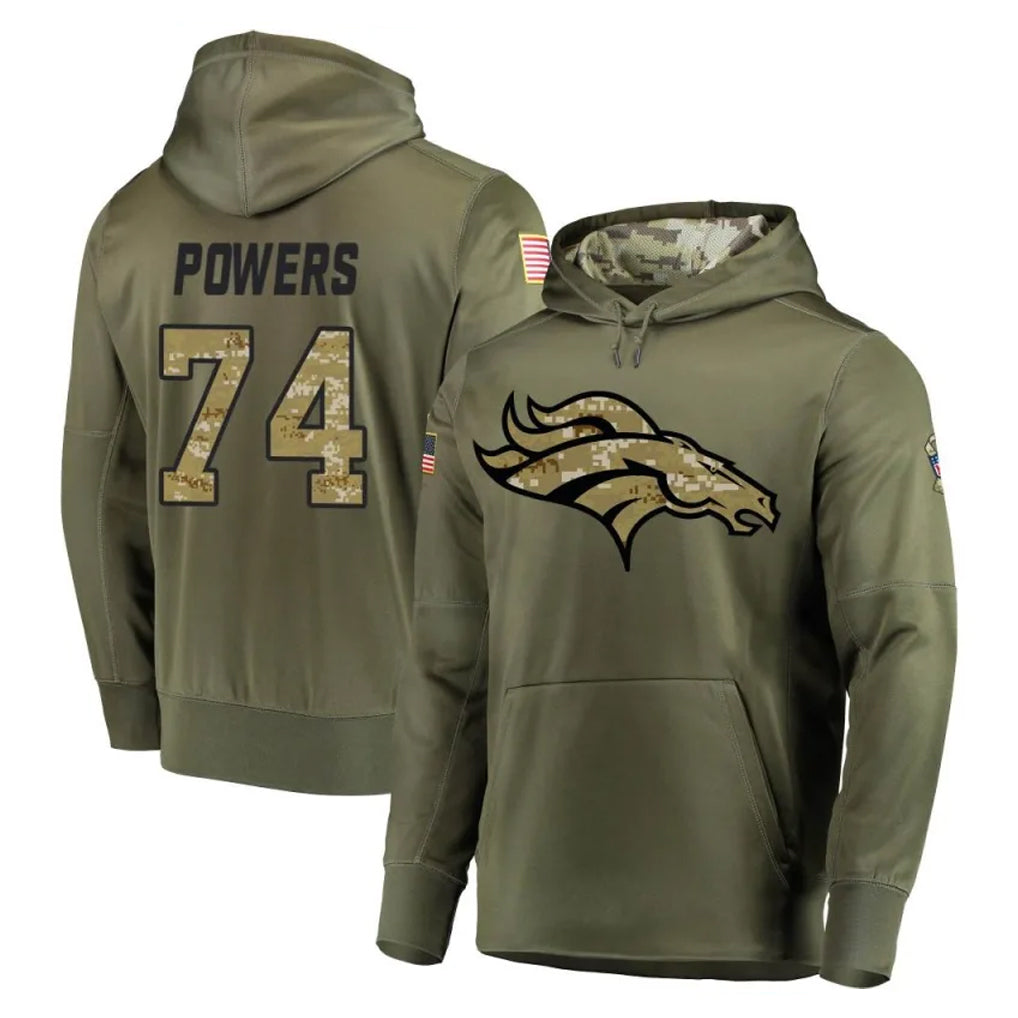 Ncoe D.Broncos #74 Ben Powers Player Olive Salute to Service Pullover Hoodies Home Game Stitched Jerseys