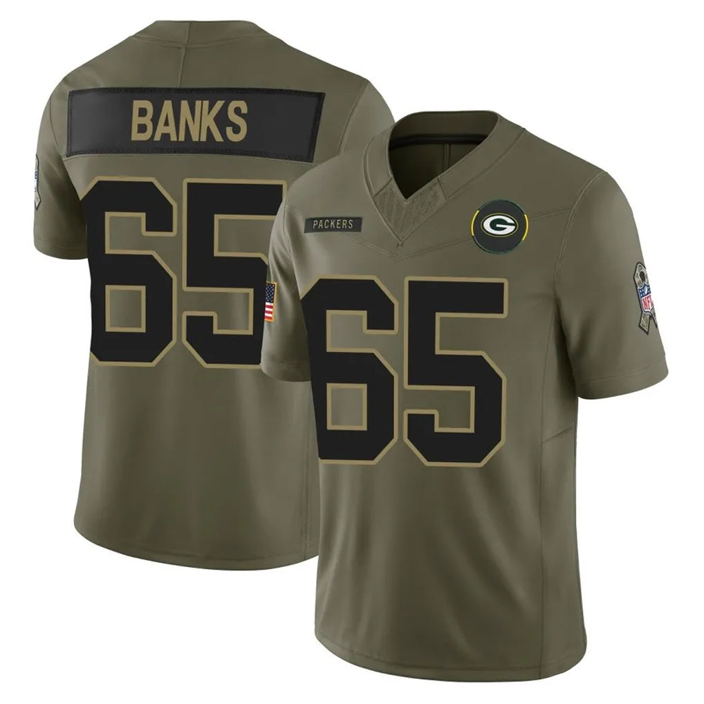 Ncoe GB.Packers #65 Aaron Banks Player Olive 2025 Salute To Service Limited Home Game Stitched Jerseys