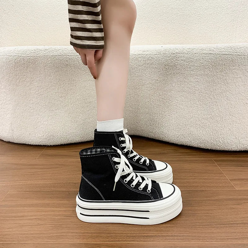 Women's High Top Platform Canvas Sneakers Fold Over Collar Gingham Plaid Lace Up Chunky Sole Casual Walking Shoes