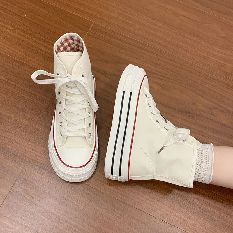 Women's High Top Platform Canvas Sneakers Fold Over Collar Gingham Plaid Lace Up Chunky Sole Casual Walking Shoes