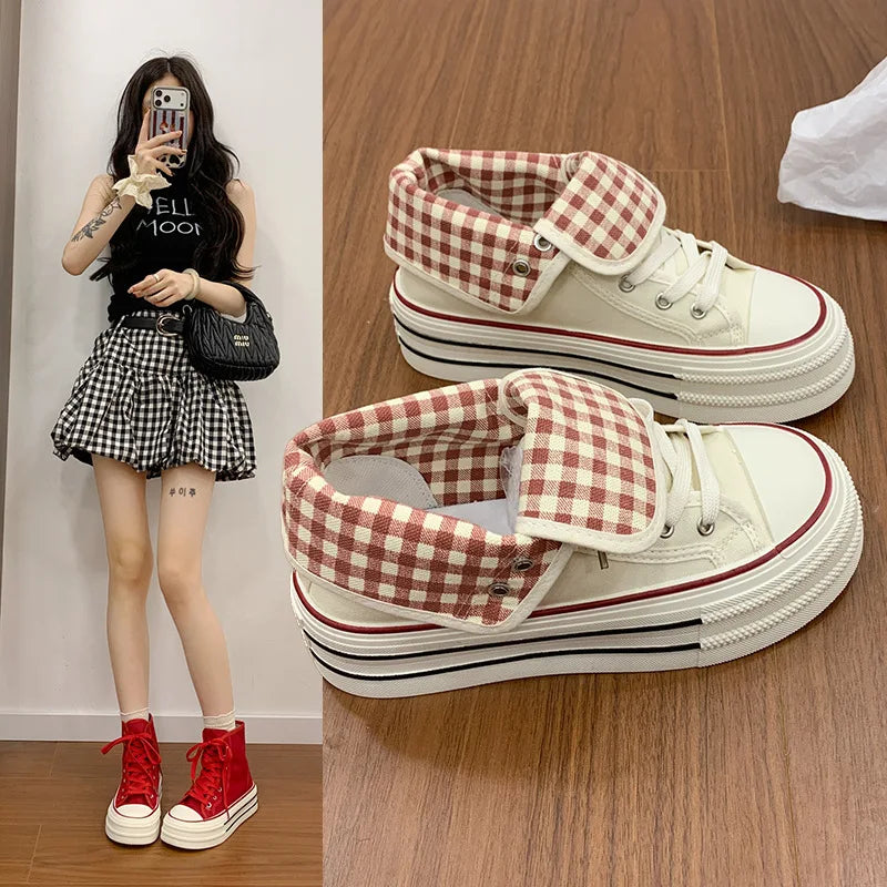 Women's High Top Platform Canvas Sneakers Fold Over Collar Gingham Plaid Lace Up Chunky Sole Casual Walking Shoes