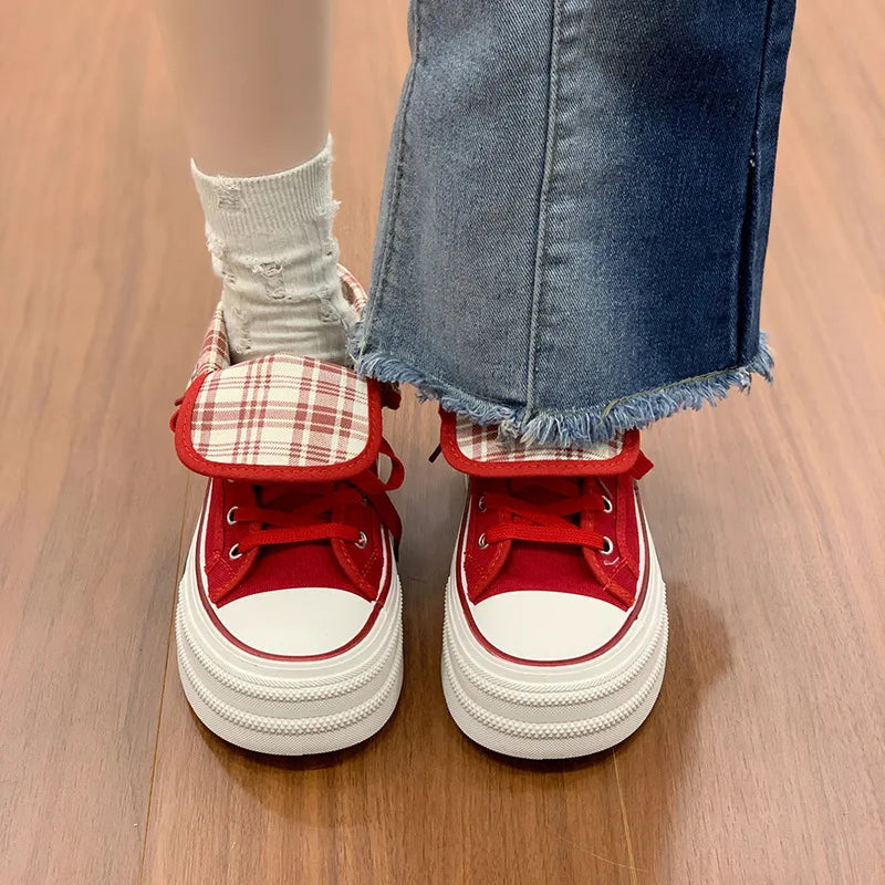 Women's High Top Platform Canvas Sneakers Fold Over Collar Gingham Plaid Lace Up Chunky Sole Casual Walking Shoes