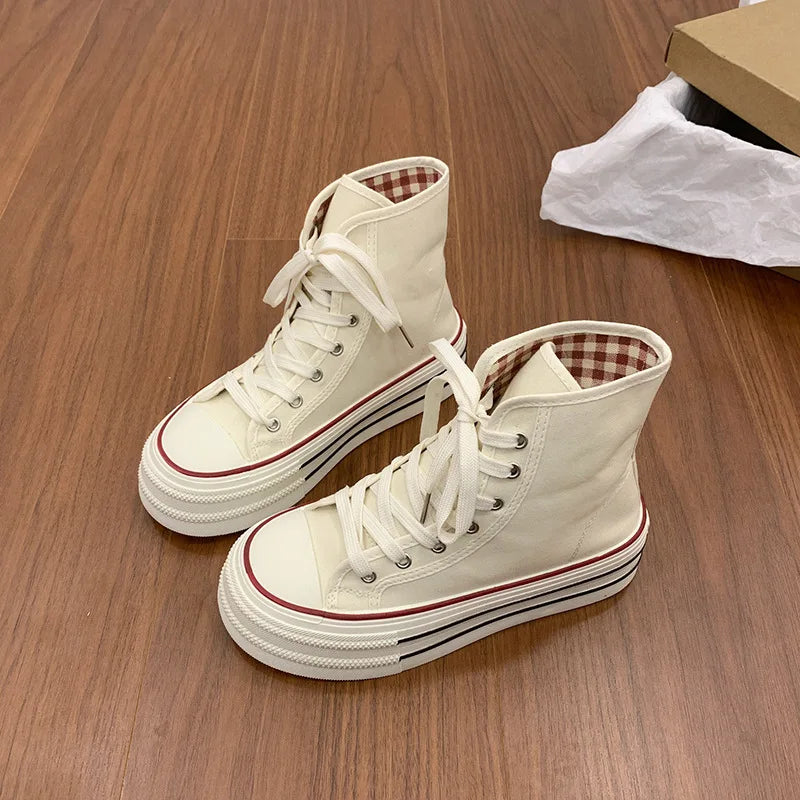 Women's High Top Platform Canvas Sneakers Fold Over Collar Gingham Plaid Lace Up Chunky Sole Casual Walking Shoes