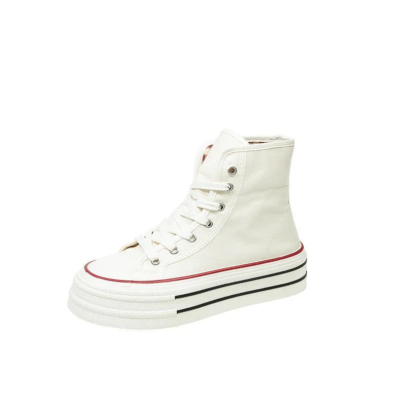 Women's High Top Platform Canvas Sneakers Fold Over Collar Gingham Plaid Lace Up Chunky Sole Casual Walking Shoes