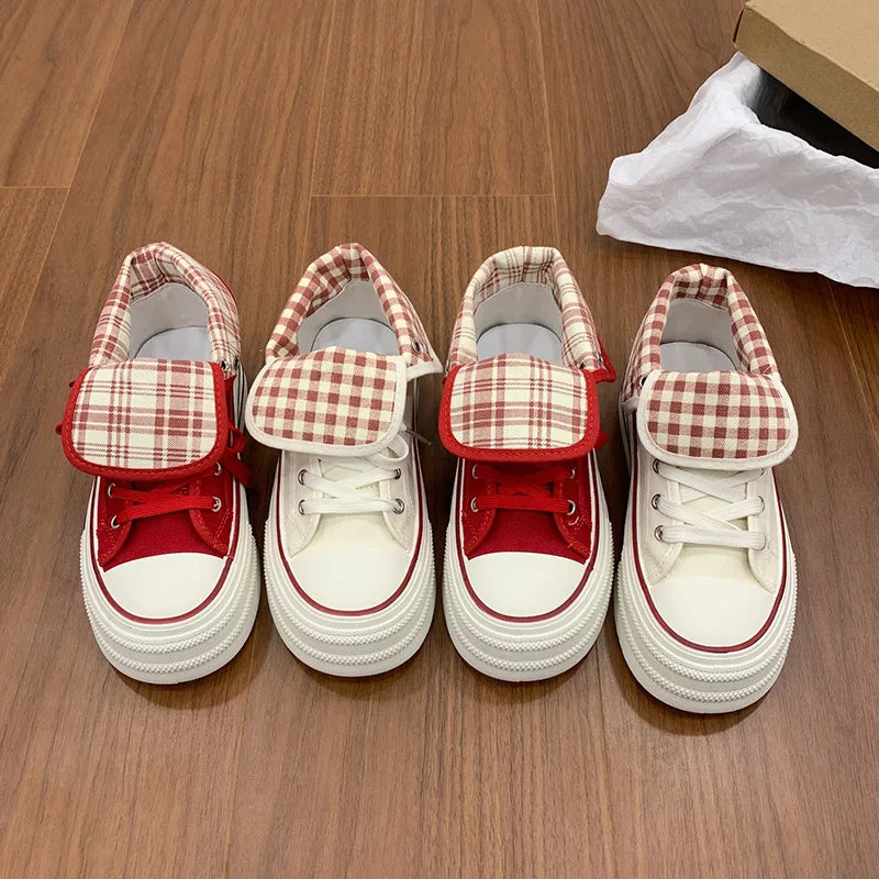 Women's High Top Platform Canvas Sneakers Fold Over Collar Gingham Plaid Lace Up Chunky Sole Casual Walking Shoes